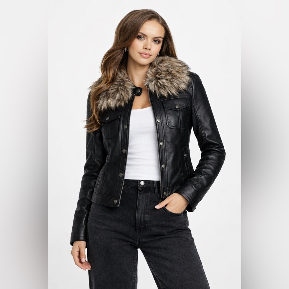 Guess Black Leather Jacket with Faux Fur Collar
